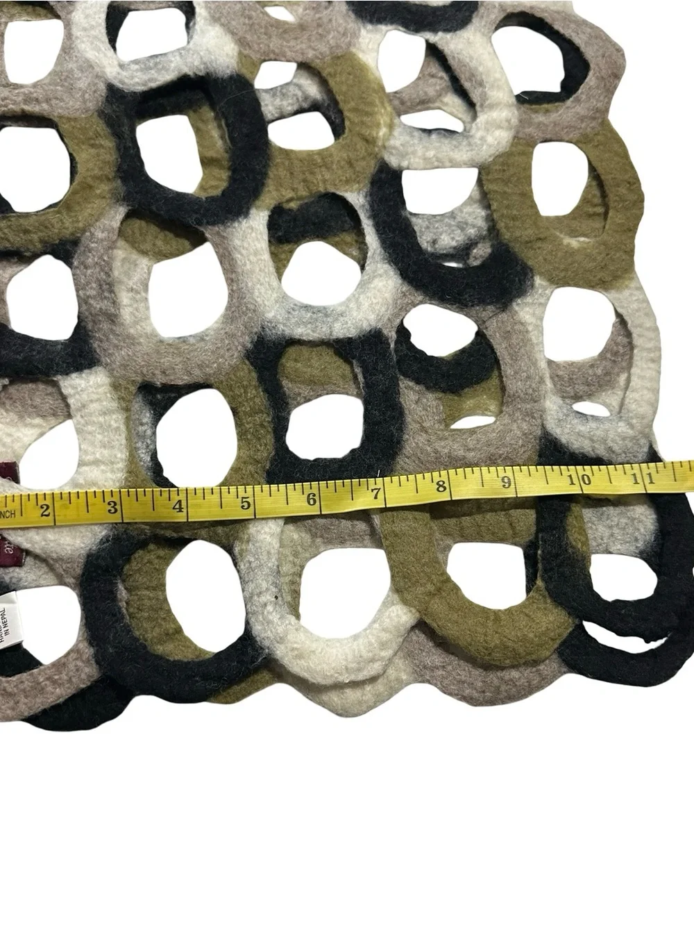 Pomegranate Moon Hand Felted Wool Scarf Cutout Circle Green Black Lattice XL 79”